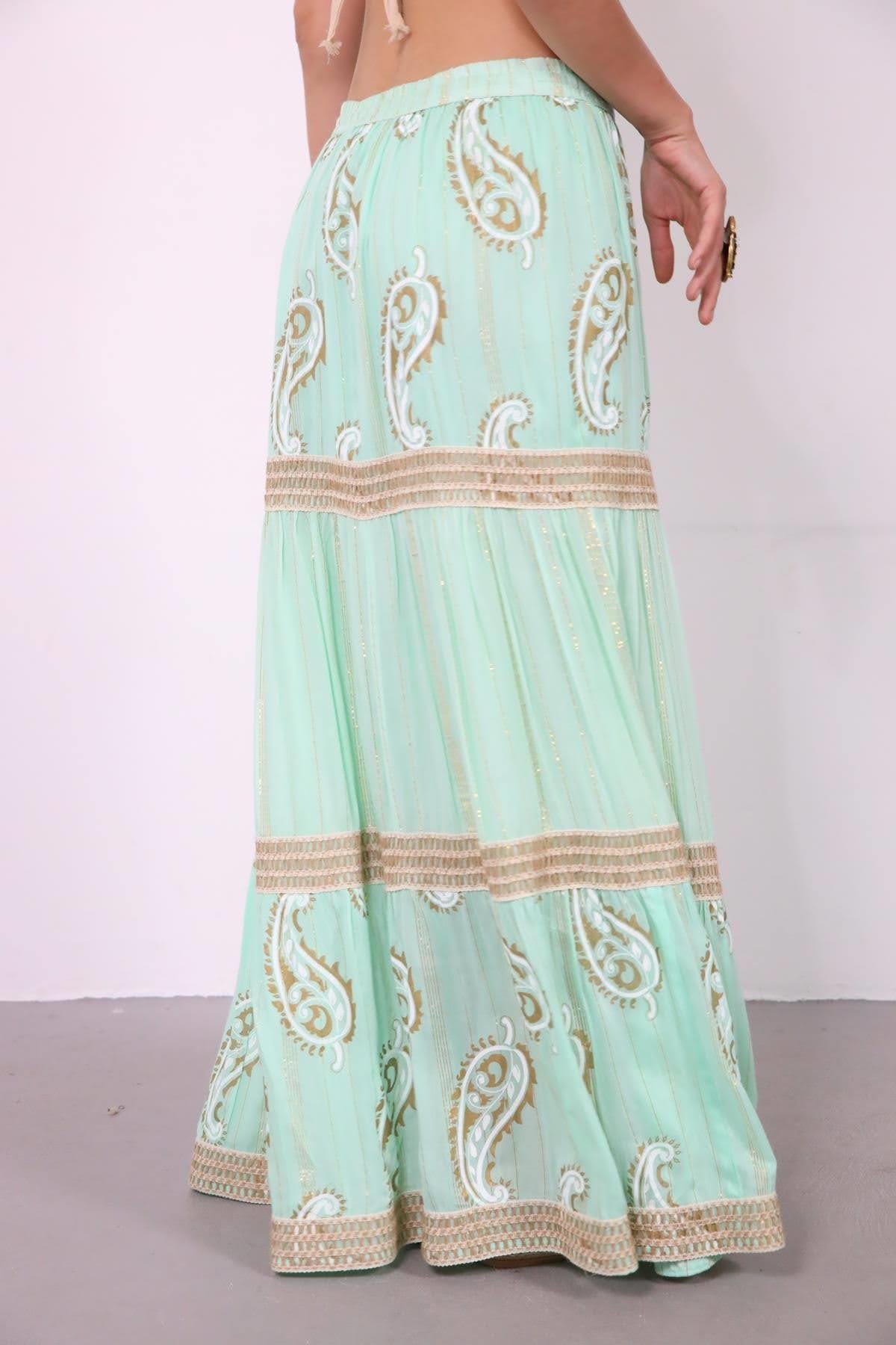 Su Yeşili Örgü Detaylı Simli Hermes Etek - Şaman Butik Su Yeşili Örgü Detaylı Simli Hermes Etek