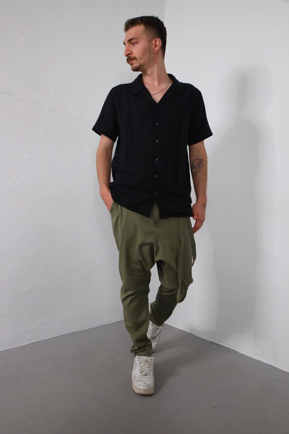 Khaki Straight Leg Cord Detailed Drop Crotch Pants - Saman Butik | Shop Online Khaki Straight Leg Cord Detailed Drop Crotch Pants