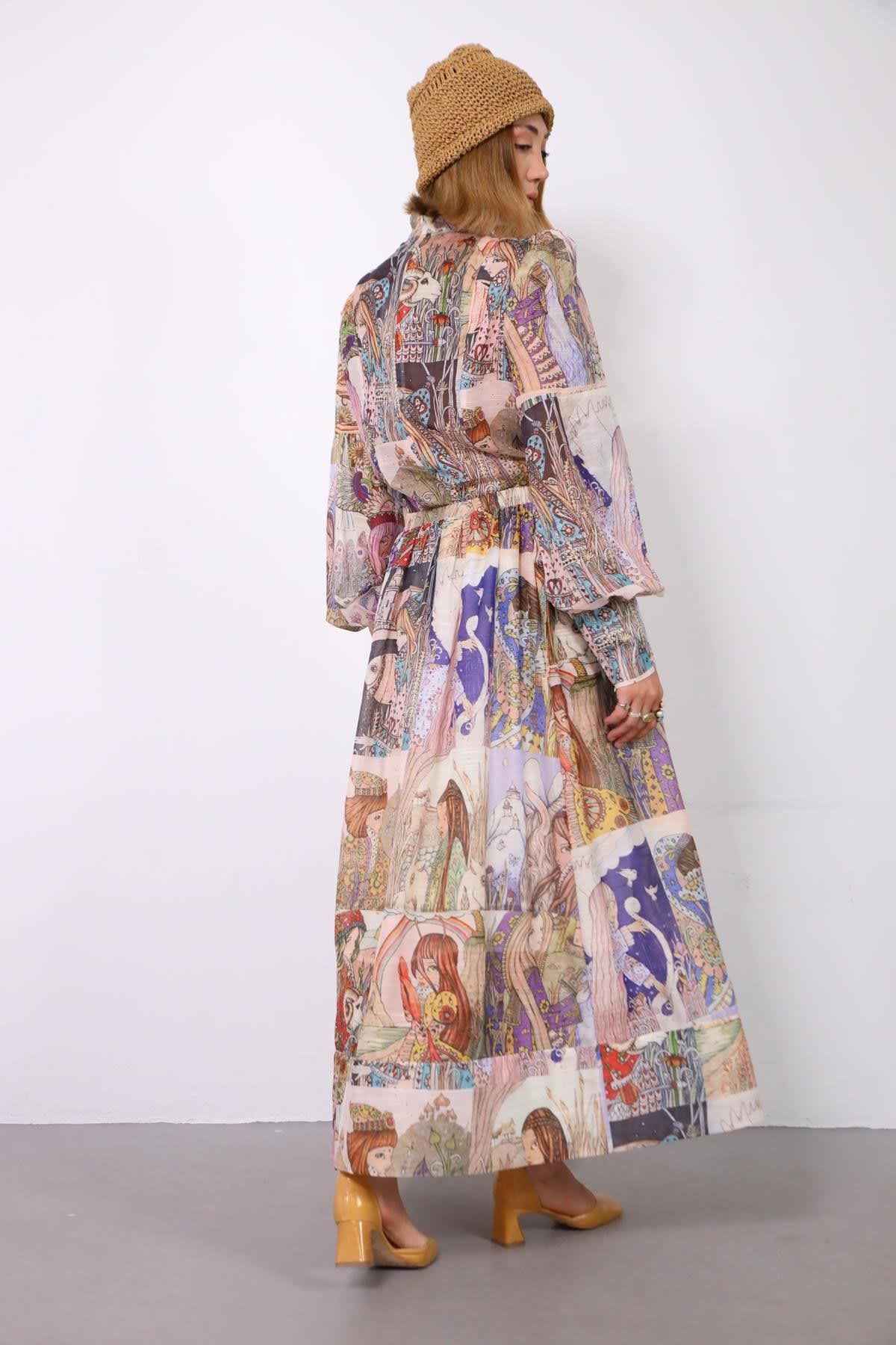  Krem Rengi Anime Figürlü Taş Detaylı Etek Gömlek Takım