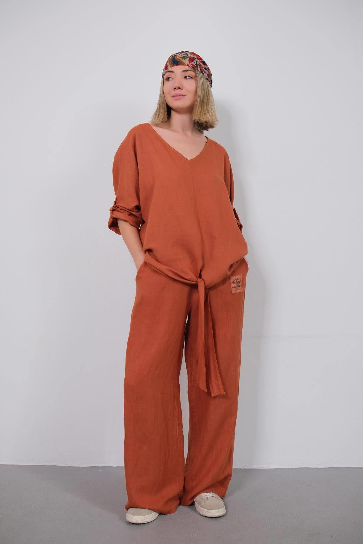 Kiremit Önü Bağlamalı Keten Takım - Şaman Butik Kiremit Önü Bağlamalı Keten Takım