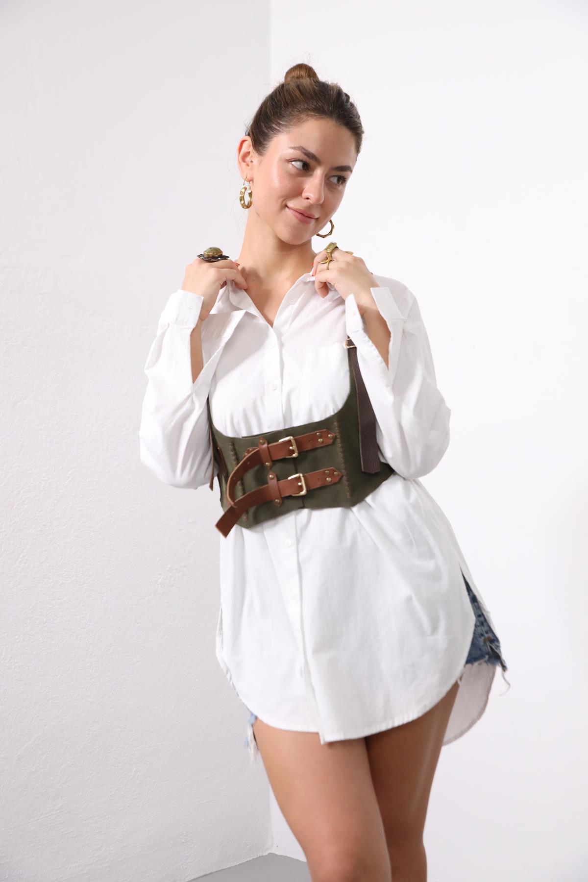  Haki Kemerli Süet Deri Korse