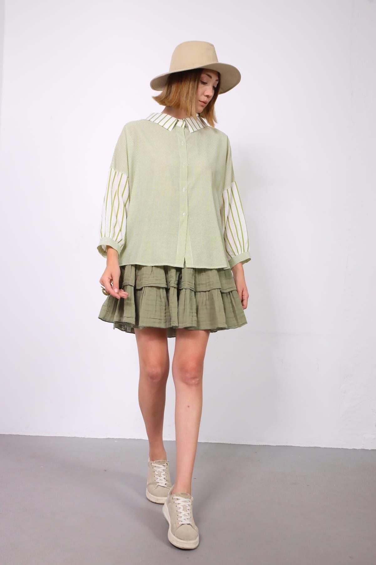  Fıstık Yeşili Arkası Bağlamalı Çizgili Otantik Gömlek