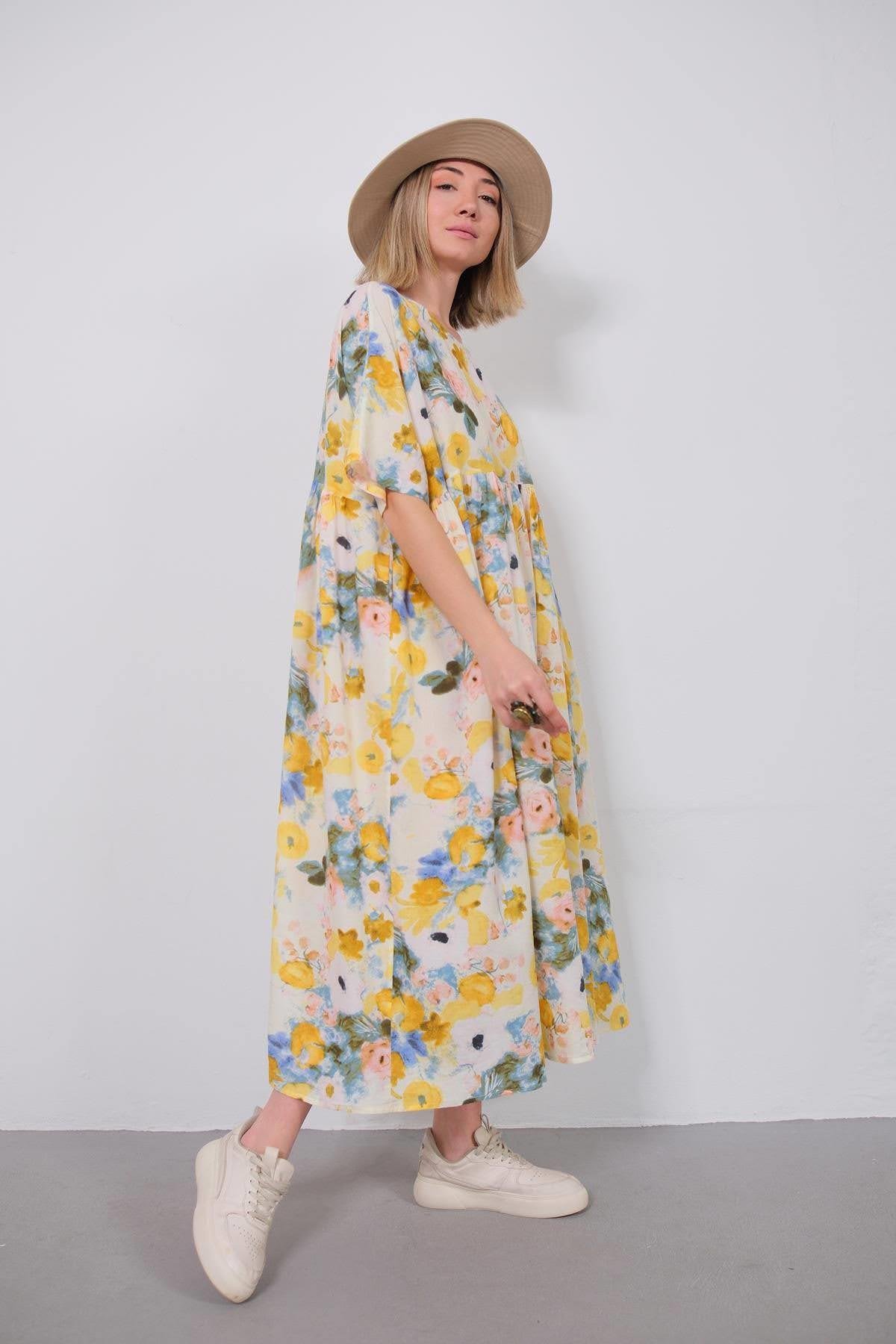 Ekru Bisiklet Yaka Çiçek Desenli Otantik Elbise - Şaman Butik Ekru Bisiklet Yaka Çiçek Desenli Otantik Elbise