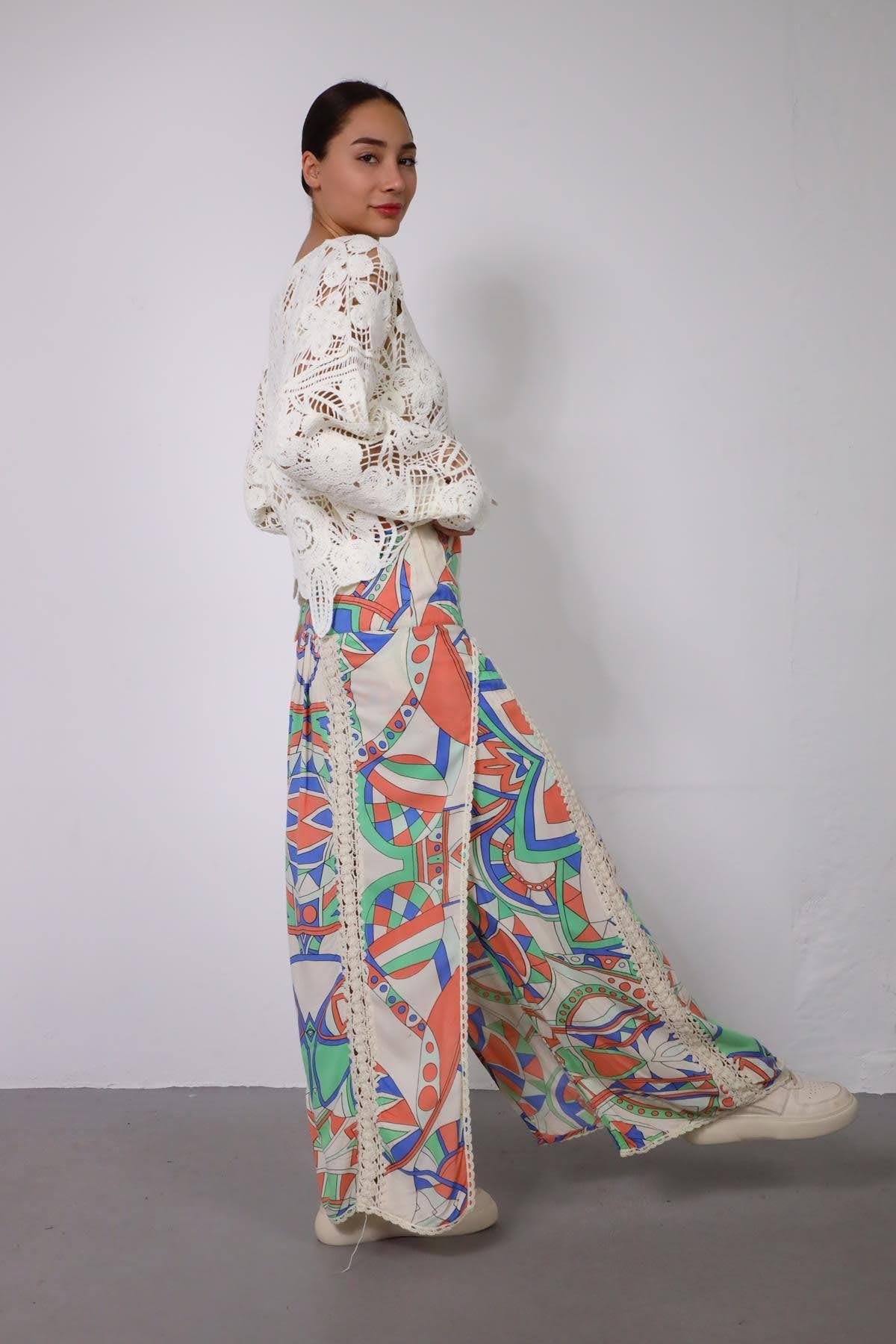 Beige Colorful Patterned Stitch Detailed Skirt - Şaman Butik | Shop Online Beige Colorful Patterned Stitch Detailed Skirt