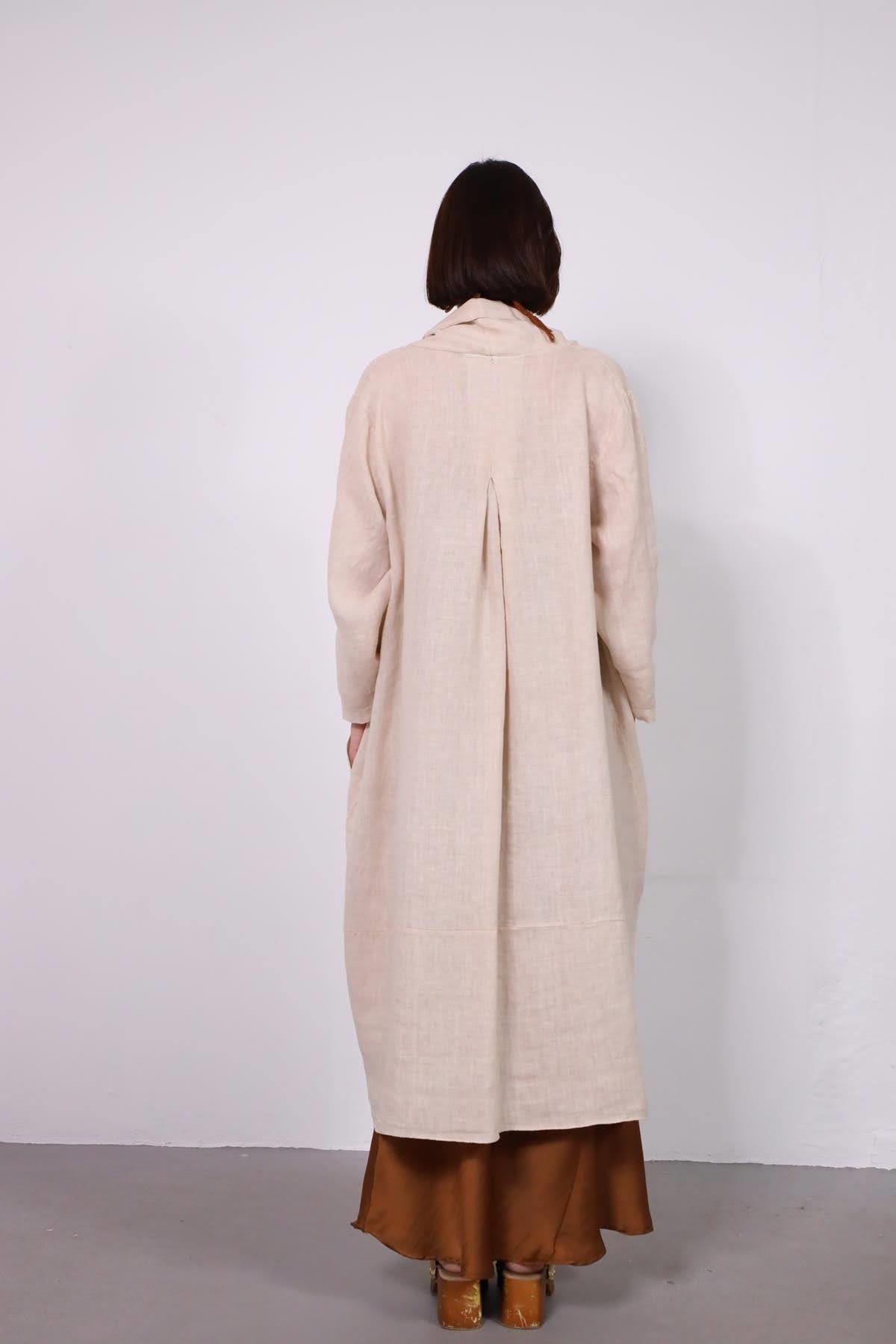 Cream Linen Caftan with Pockets - Saman Butik | Shop Online Cream Linen Caftan with Pockets