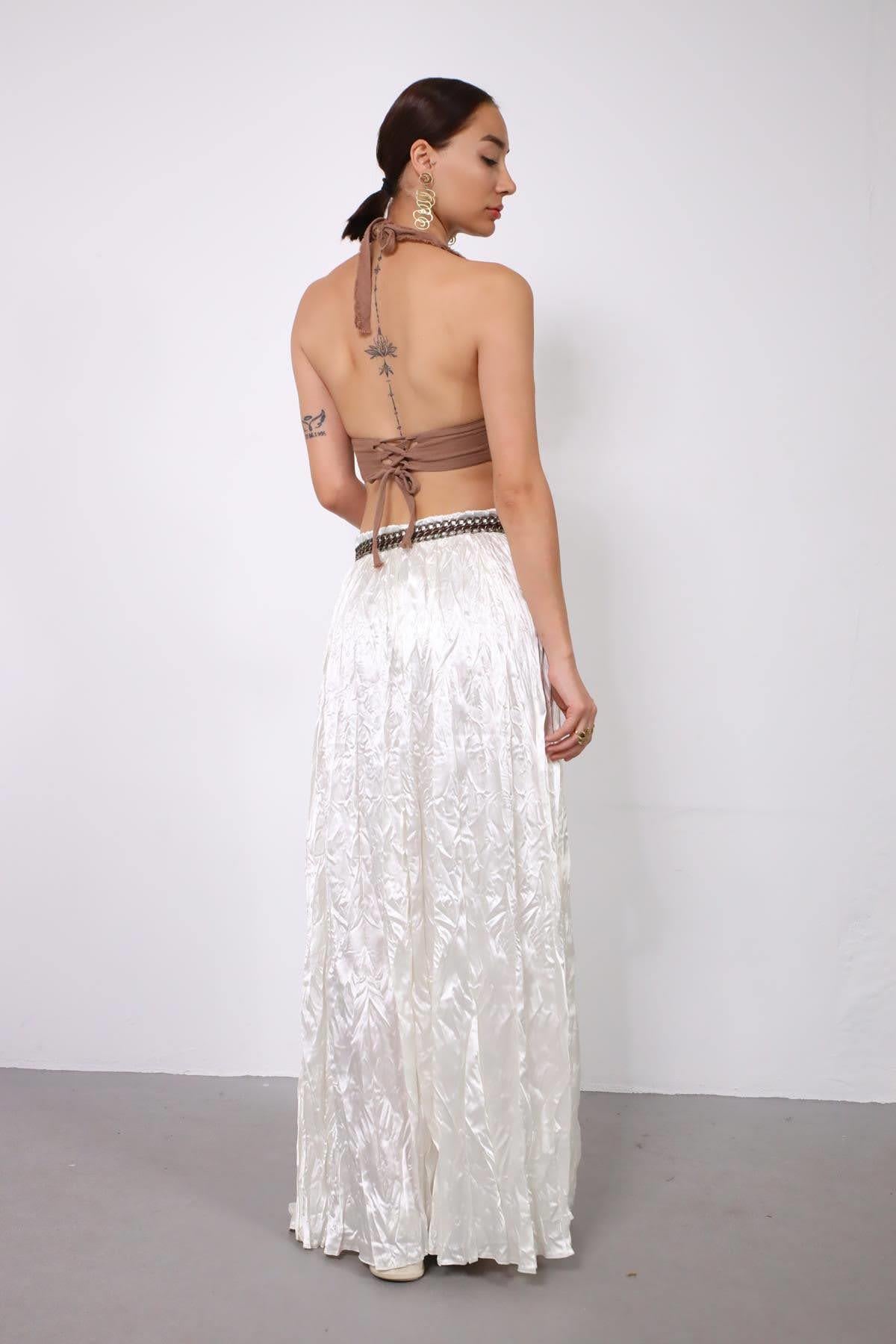 Ekru Beli Yarım Lastikli Crash Etek - Şaman Butik Ekru Beli Yarım Lastikli Crash Etek