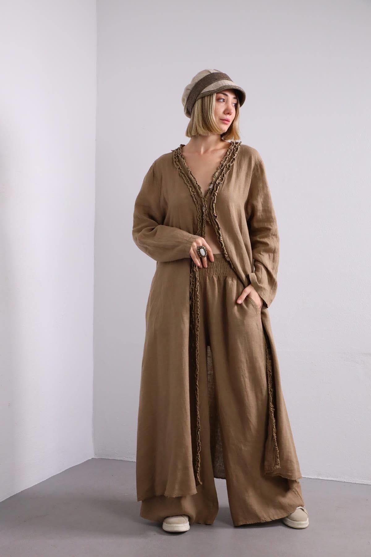 Camel Rengi Kenarları Fırfırlı Keten Kaftan - Şaman Butik Camel Rengi Kenarları Fırfırlı Keten Kaftan