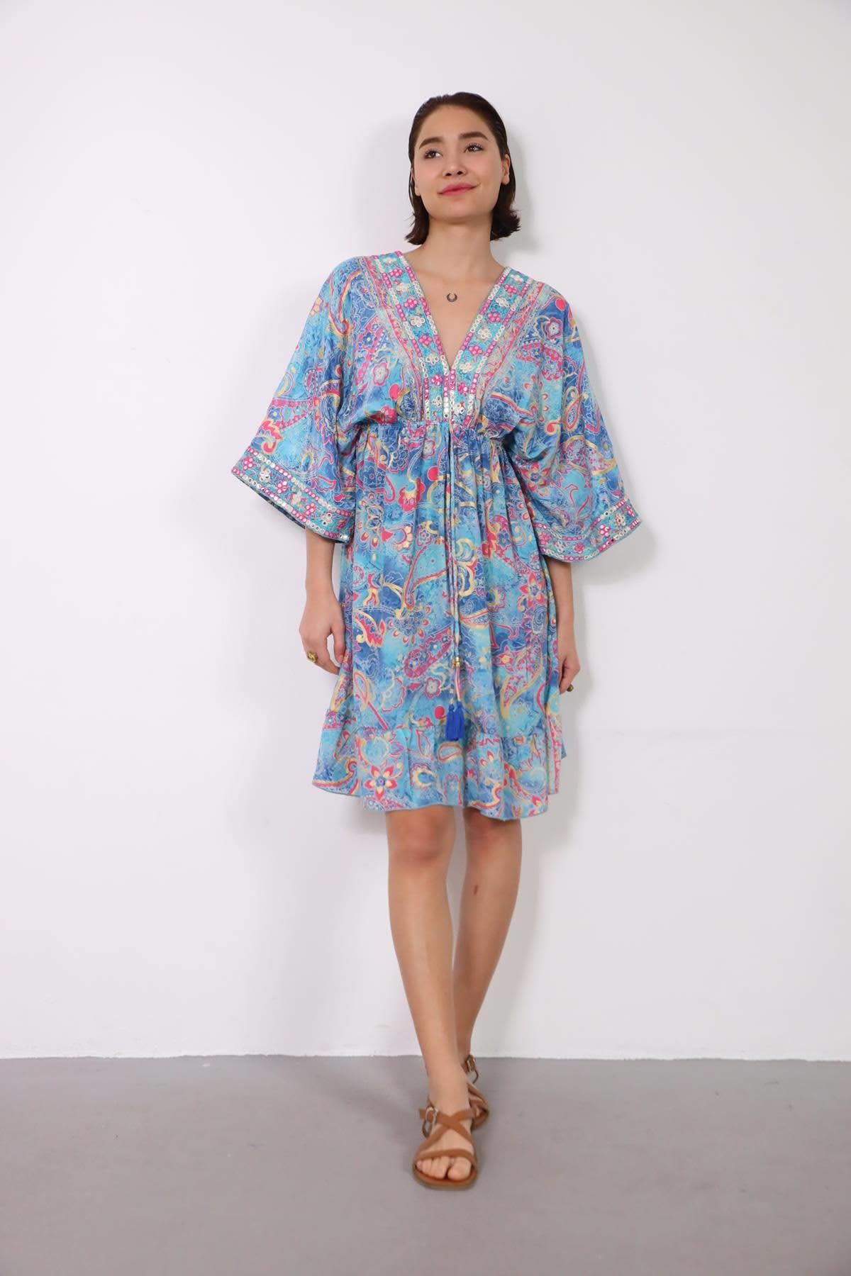 Mavi Önü Arkası V Yaka Otantik İpek Elbise - Şaman Butik Mavi Önü Arkası V Yaka Otantik İpek Elbise