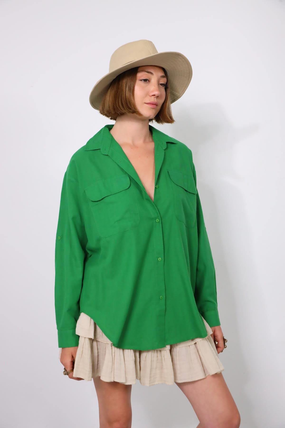 Green Big Pocket Open Back Shirt - Saman Butik | Shop Online Green Big Pocket Open Back Shirt