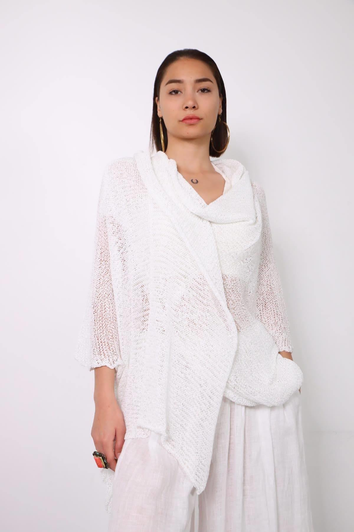 White Mercerized Hoodie Cardigan - Saman Butik | Shop Online White Mercerized Hoodie Cardigan