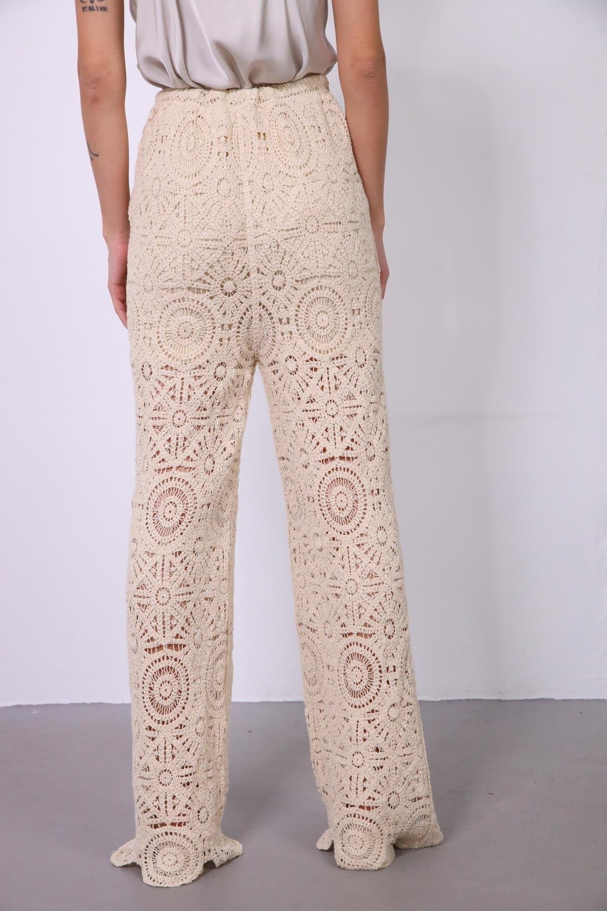  Krem Rengi Dantelli Pantolon