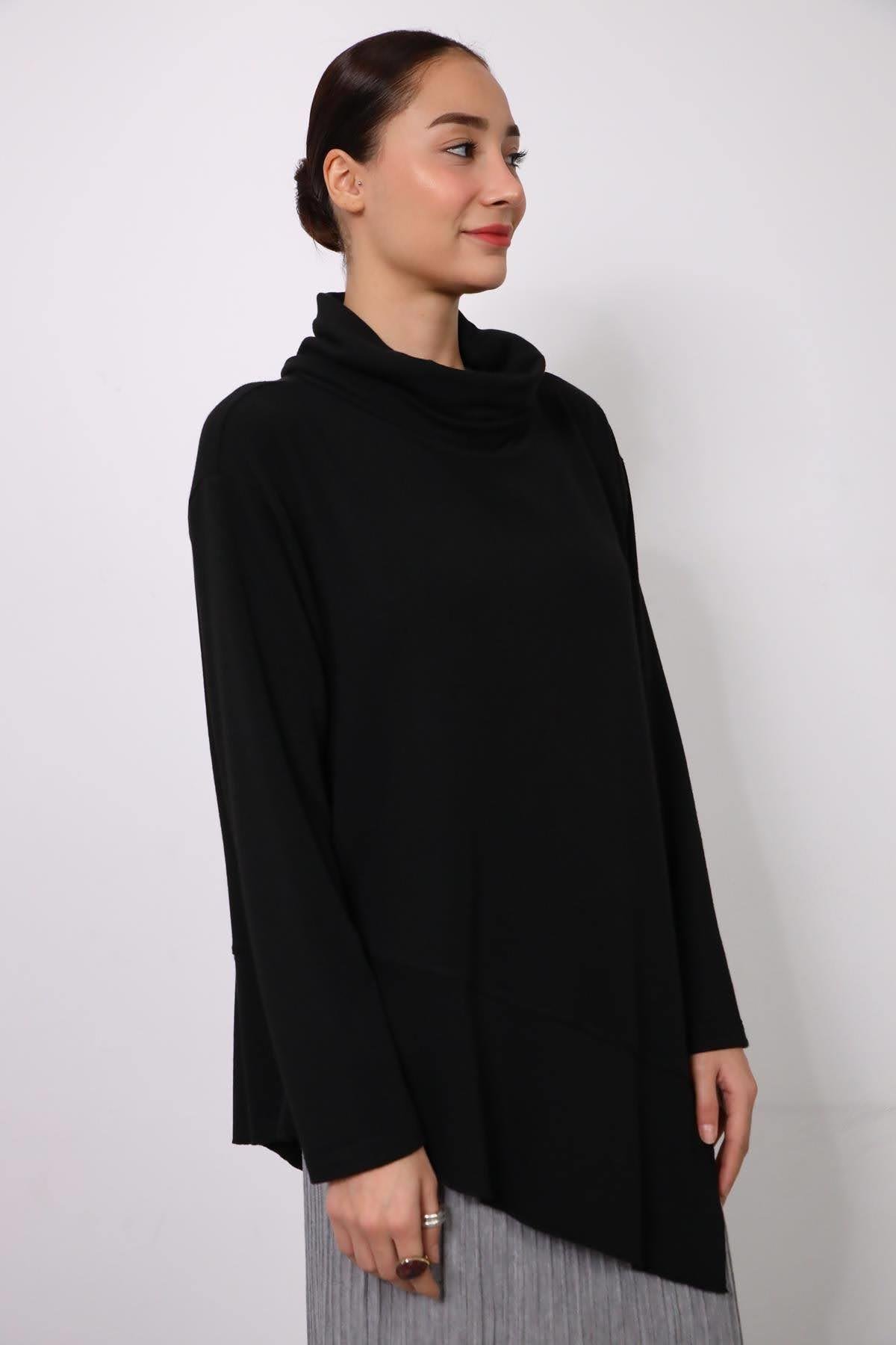 Siyah Altı Parçalı Uzun Kollu Degaje Yaka Bluz - Şaman Butik Siyah Altı Parçalı Uzun Kollu Degaje Yaka Bluz