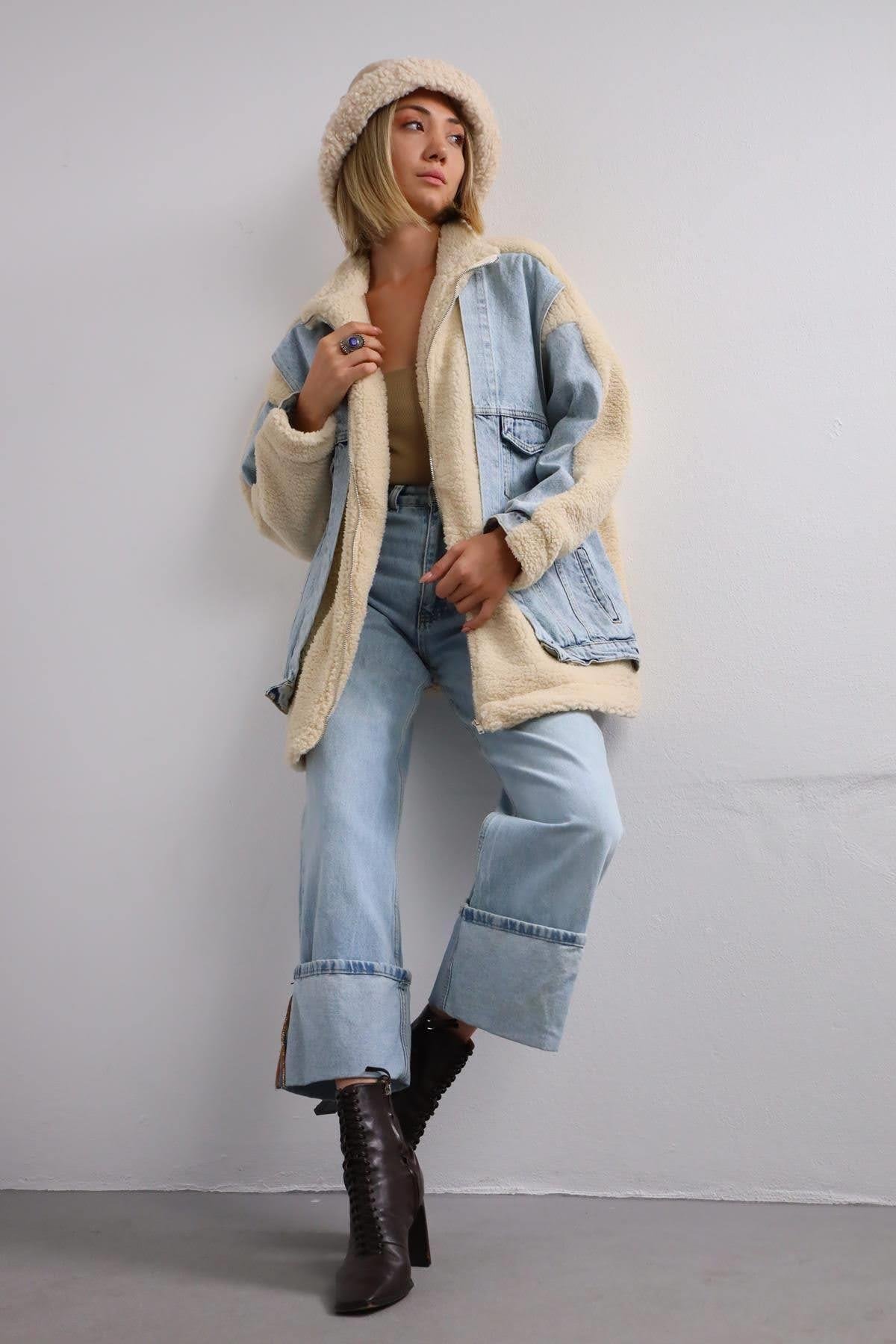 Krem Rengi Jean Detaylı Ceket - Şaman Butik Krem Rengi Jean Detaylı Ceket