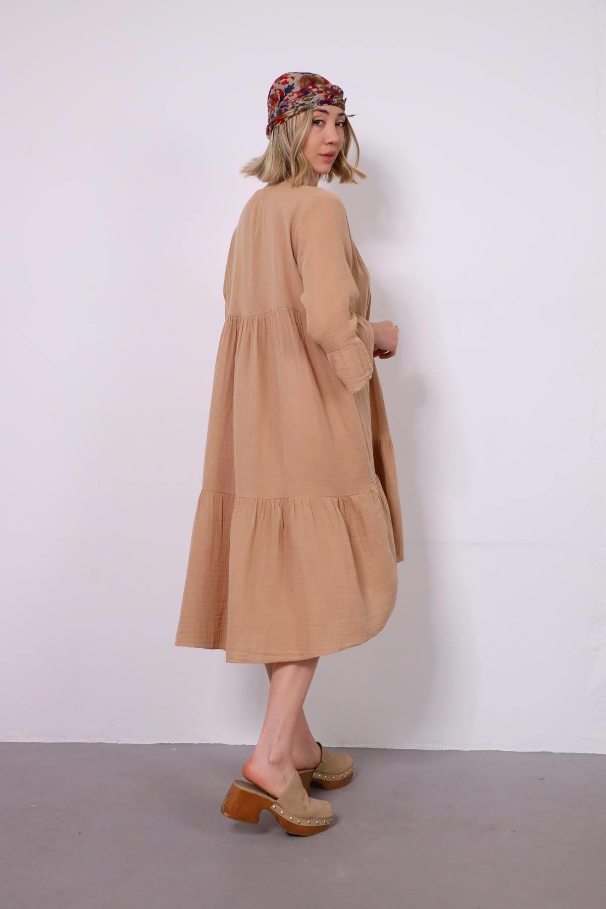 Sütlü Kahve Kolu Volanlı Müslin Elbise - Şaman Butik Sütlü Kahve Kolu Volanlı Müslin Elbise