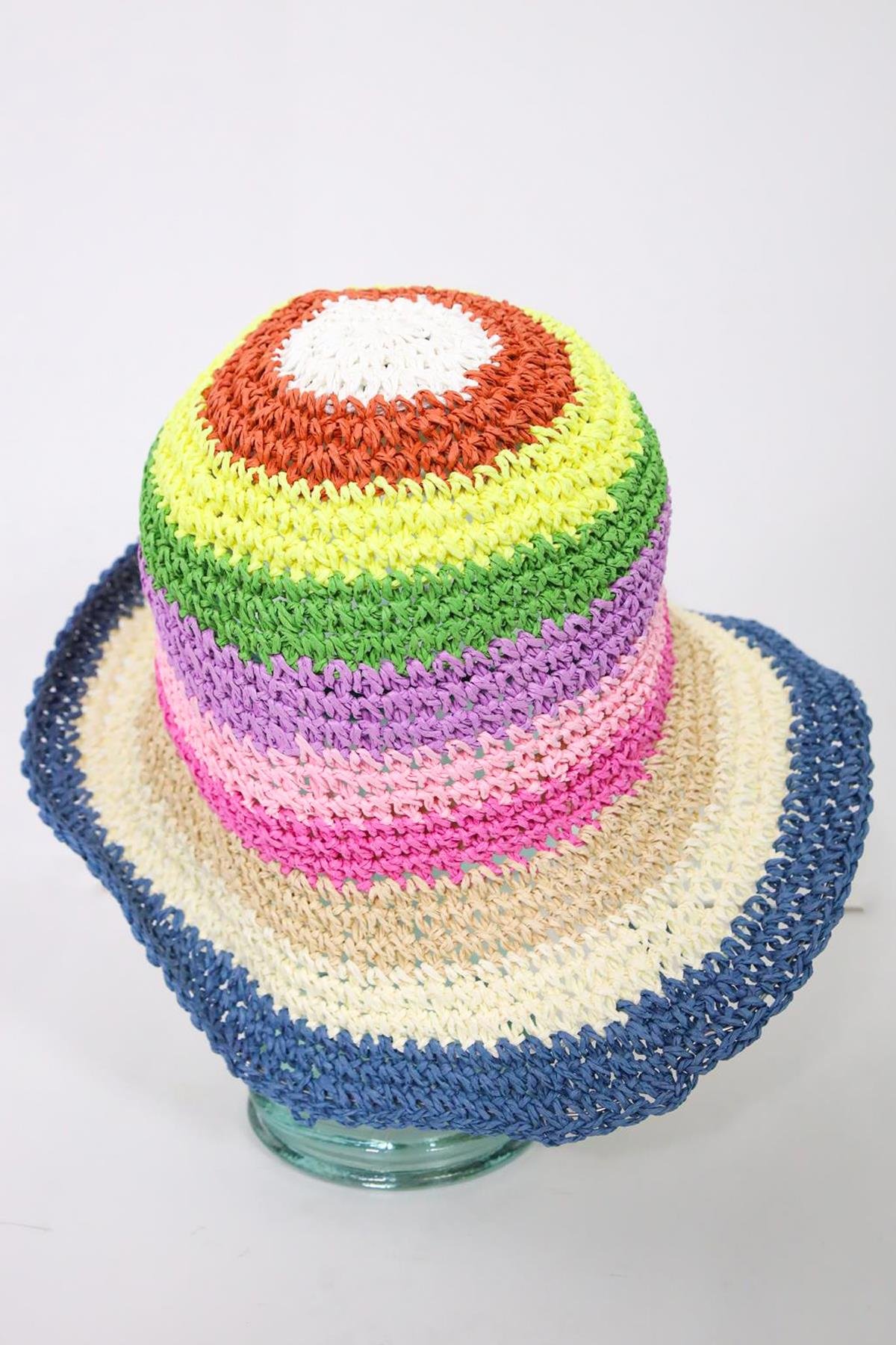  Ekru Lacivert Hasır El Örgüsü Bucket Şapka