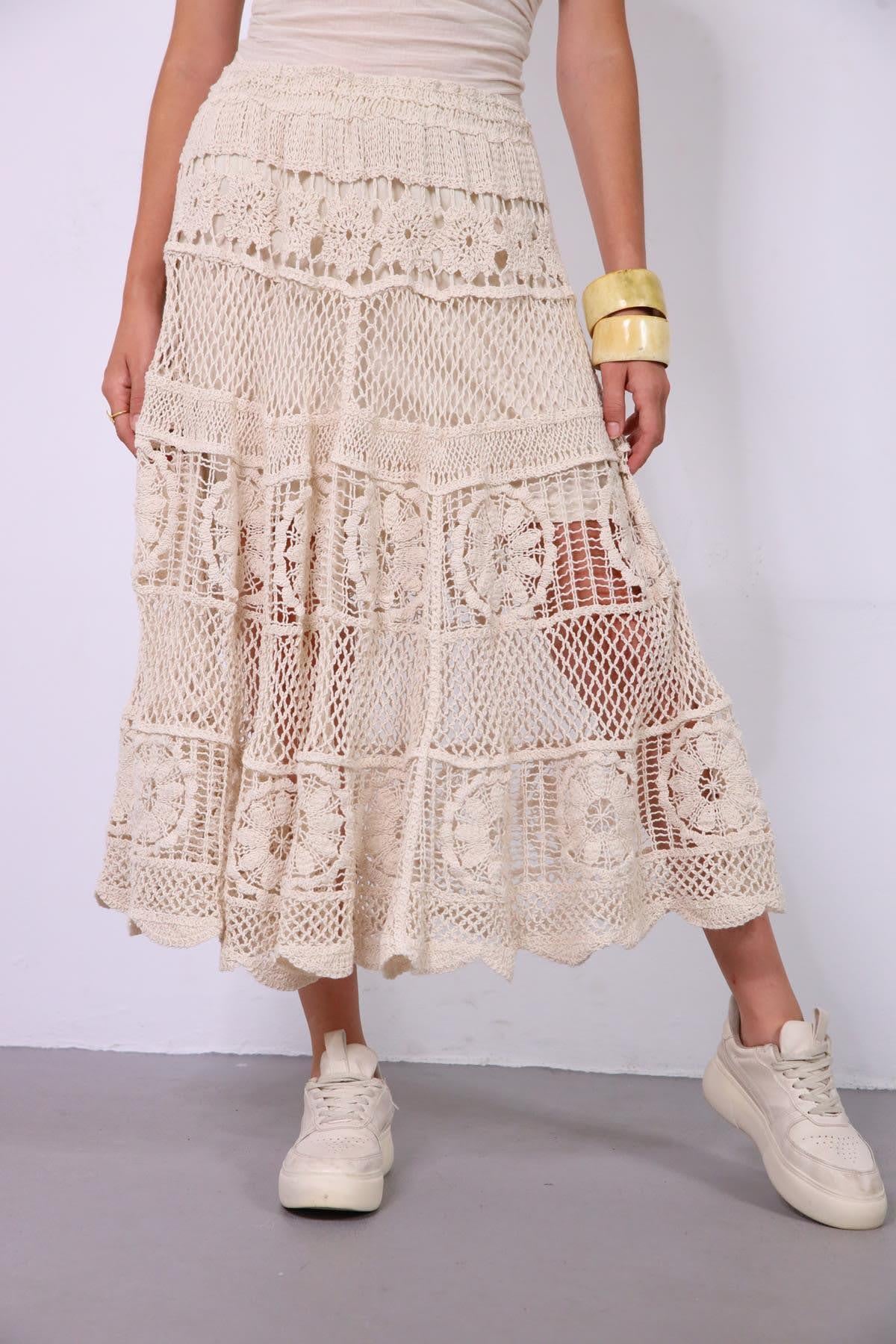 Krem Rengi Otantik Beli Lastikli Dantel Etek - Şaman Butik Krem Rengi Otantik Beli Lastikli Dantel Etek
