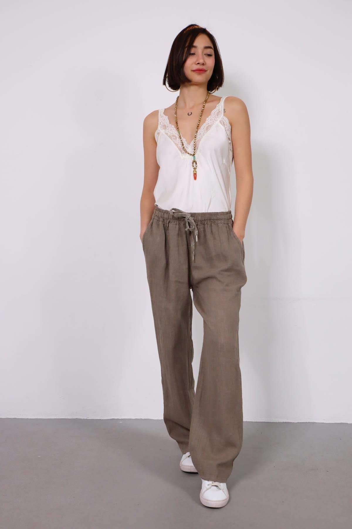 Vizon Rengi Boru Paça Keten Pantolon - Şaman Butik Vizon Rengi Boru Paça Keten Pantolon