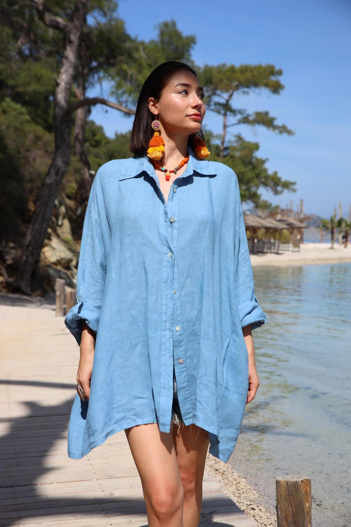İndigo Mavi Kolları Apoletli Uzun Keten Gömlek - Şaman Butik İndigo Mavi Kolları Apoletli Uzun Keten Gömlek