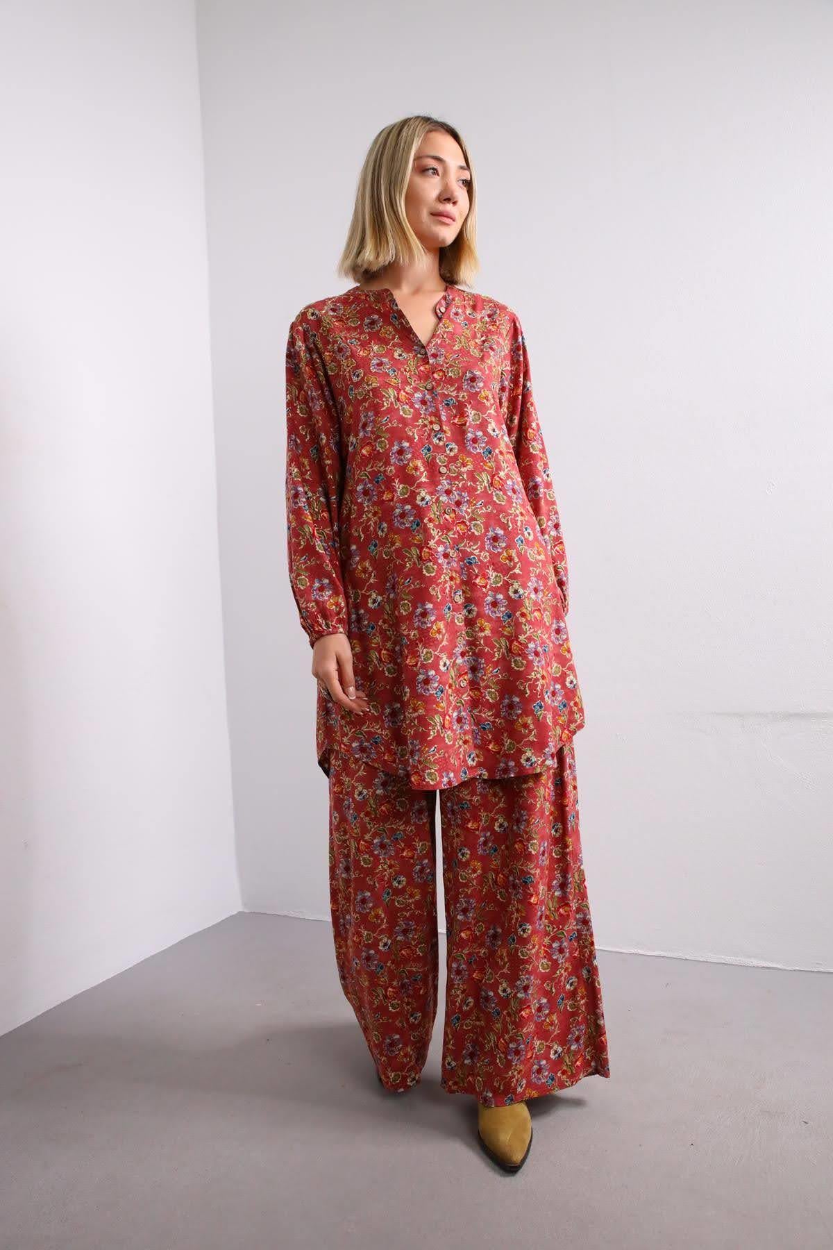 Gül Kurusu Boncuk Detay Çiçekli Takım - Şaman Butik Gül Kurusu Boncuk Detay Çiçekli Takım