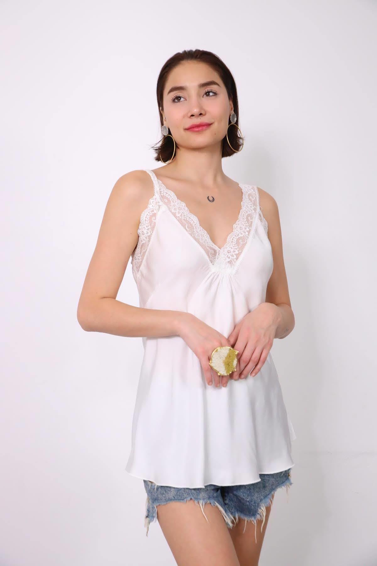 White Lace Embroidered Silk Tank Top - Şaman Butik | Boho Fashion White Lace Embroidered Silk Tank Top