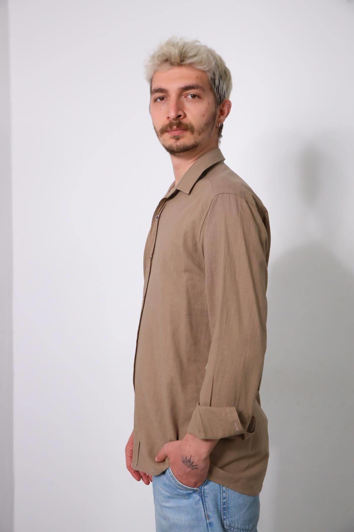 Kahverengi Erkek Pamuk Gömlek - Şaman Butik Kahverengi Erkek Pamuk Gömlek