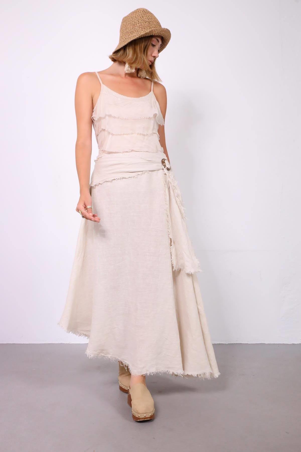  Krem Rengi Püsküllü Kemerli Keten Etek