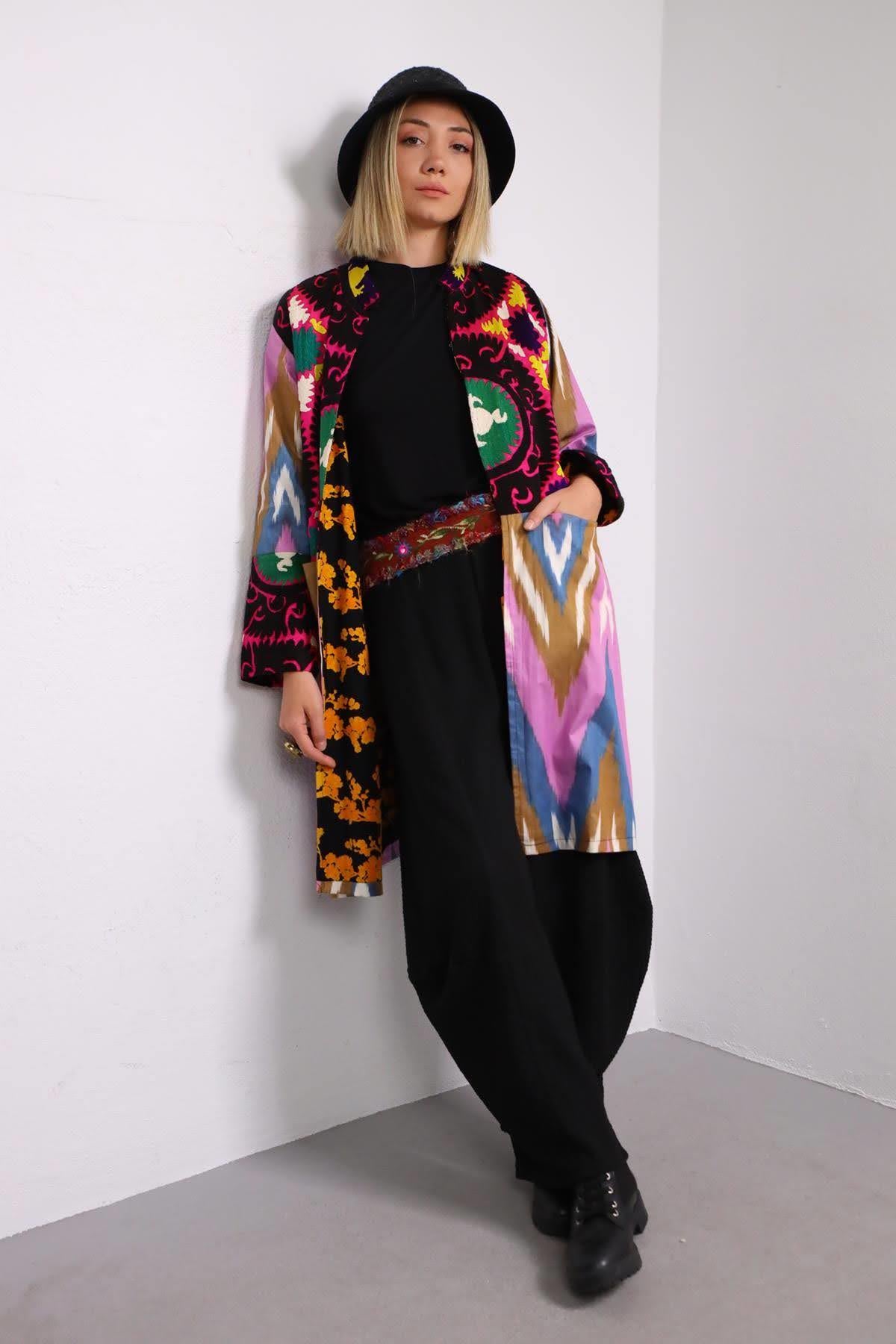  Renkli Suzani Kısa Kaftan