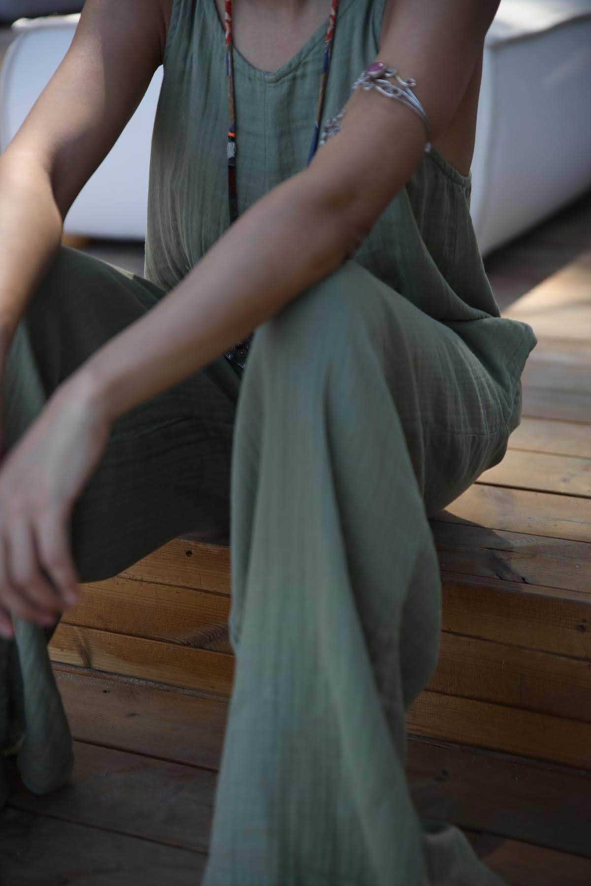  Haki Askılı Salaş Müslin Tulum