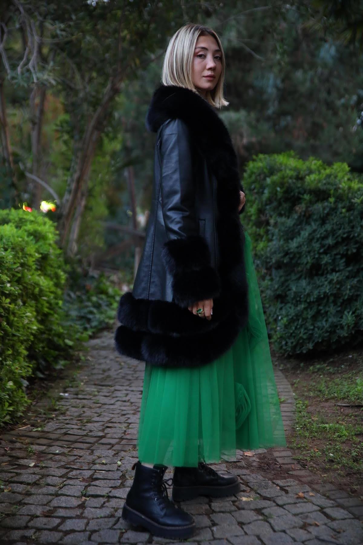 Black Fur Detailed Hooded Leather Coat Black Fur Detailed Hooded Leather Coat