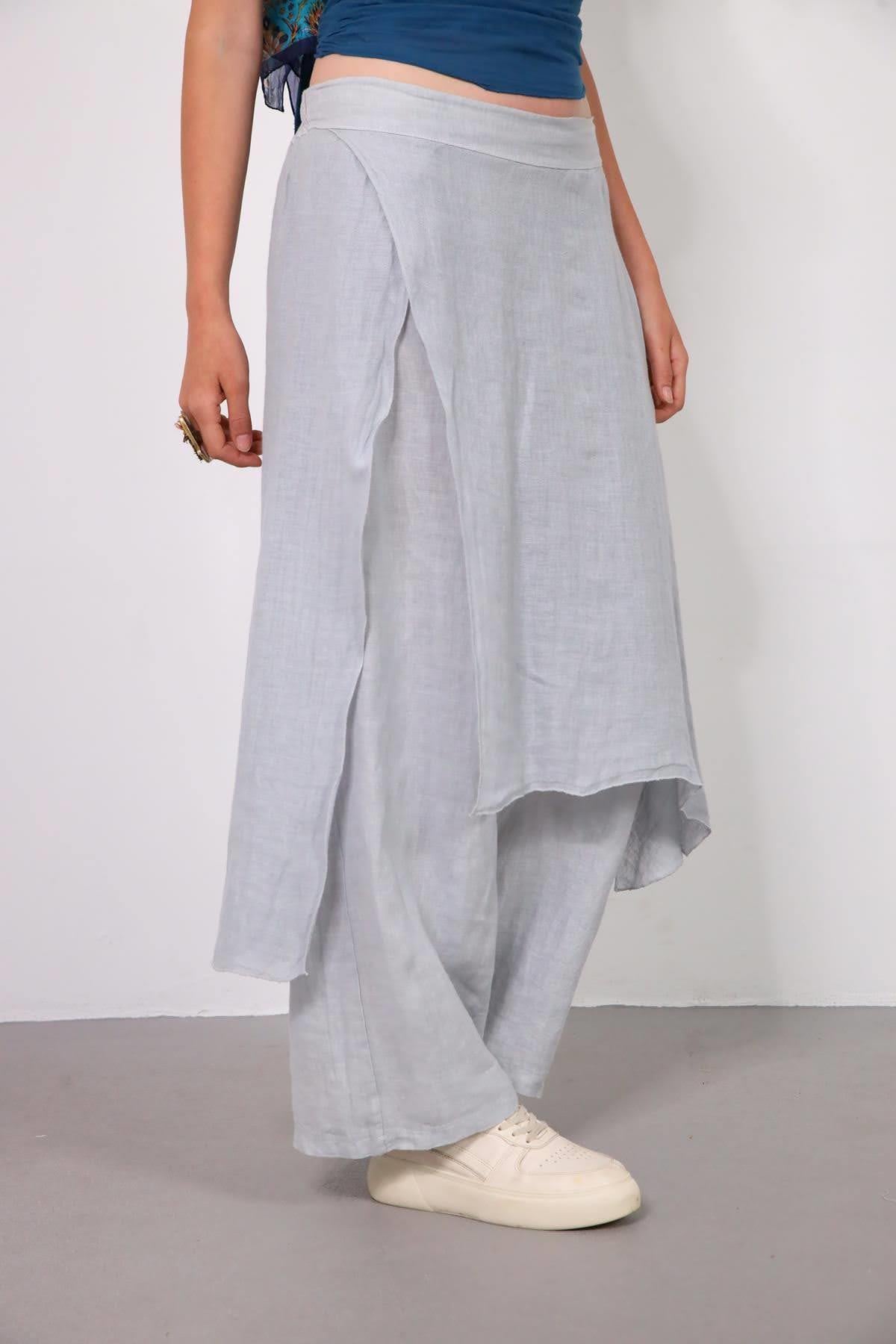  Gri Parça Detaylı Keten Pantolon