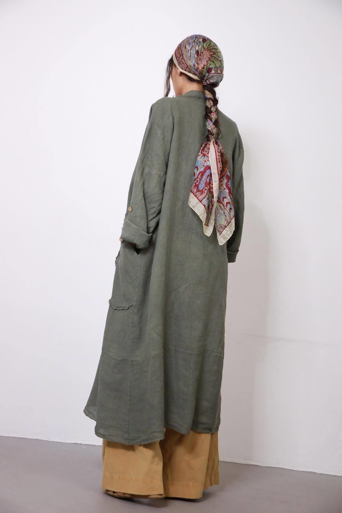  Haki Cebi Düğmeli Keten Kaftan