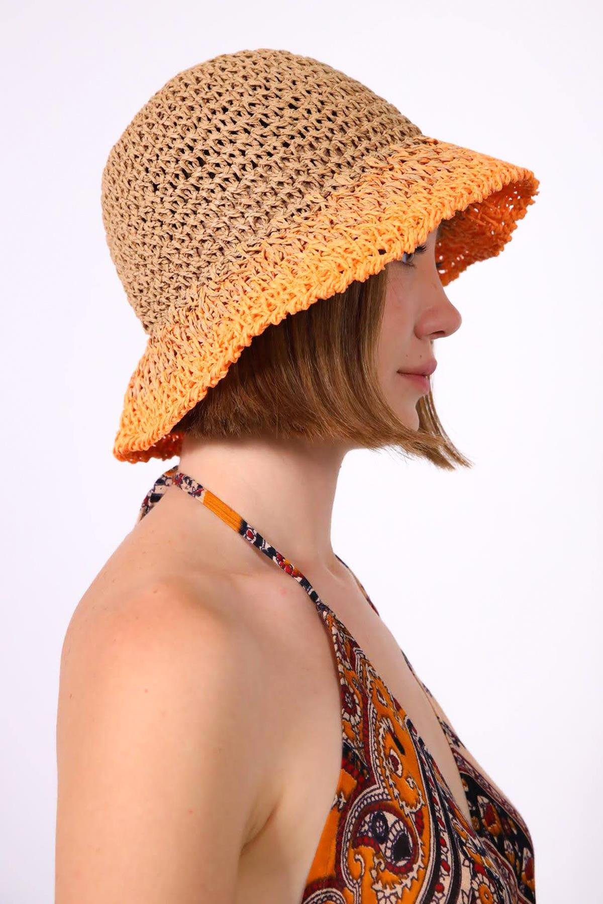  Turuncu Camel Rengi Geçişli El Örgüsü Hasır Şapka