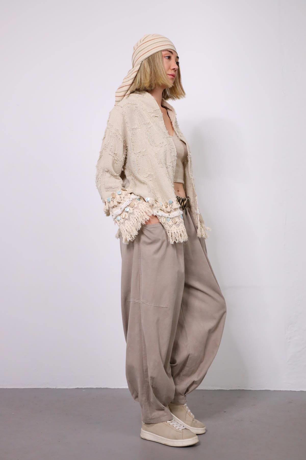 Bej Kemerli Kadife Pantolon - Şaman Butik Bej Kemerli Kadife Pantolon