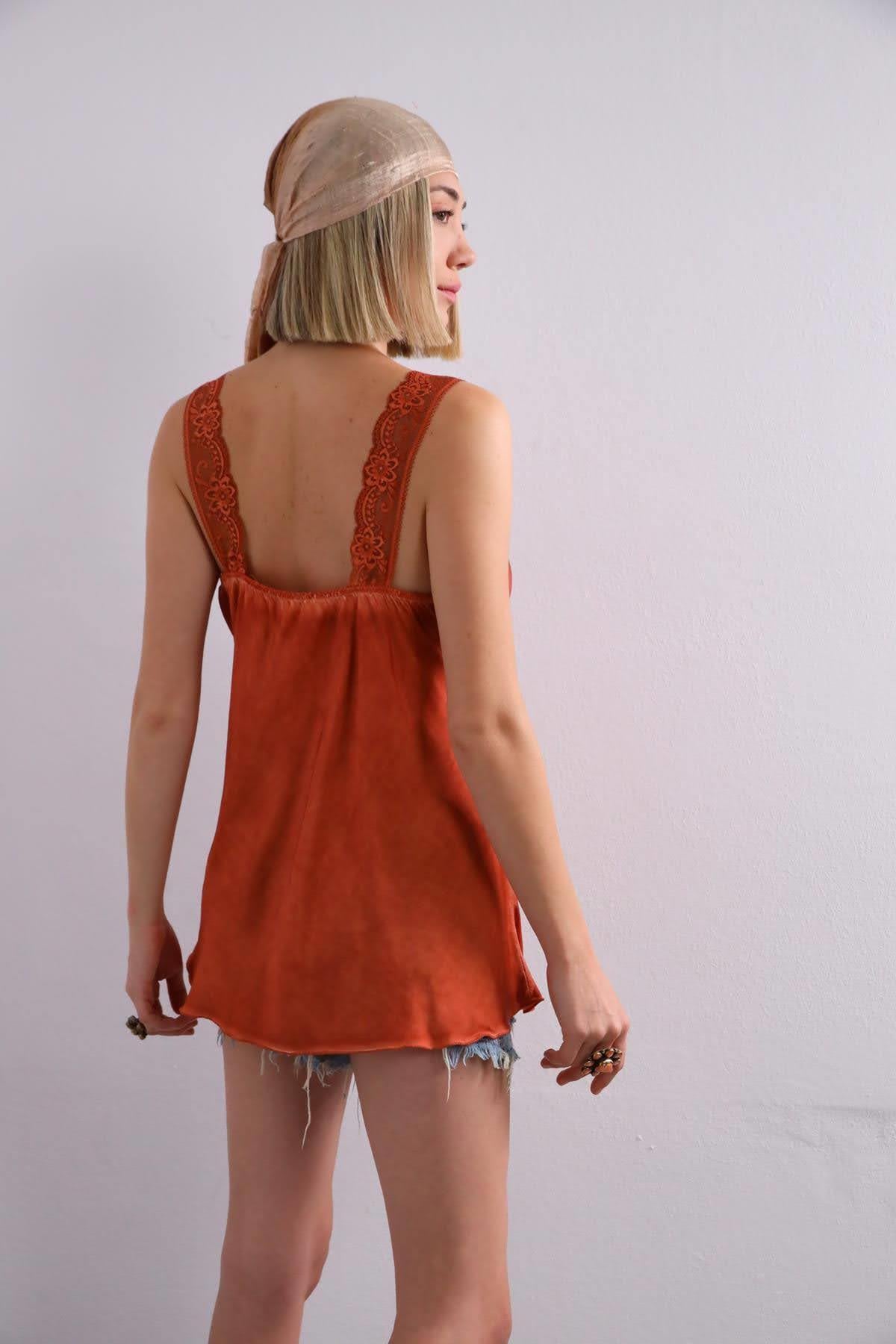 Navy Blue Floral Stitched Waist Shirt Dress - Şaman Butik Brick Red Lace Embroidered Silk Tank Top