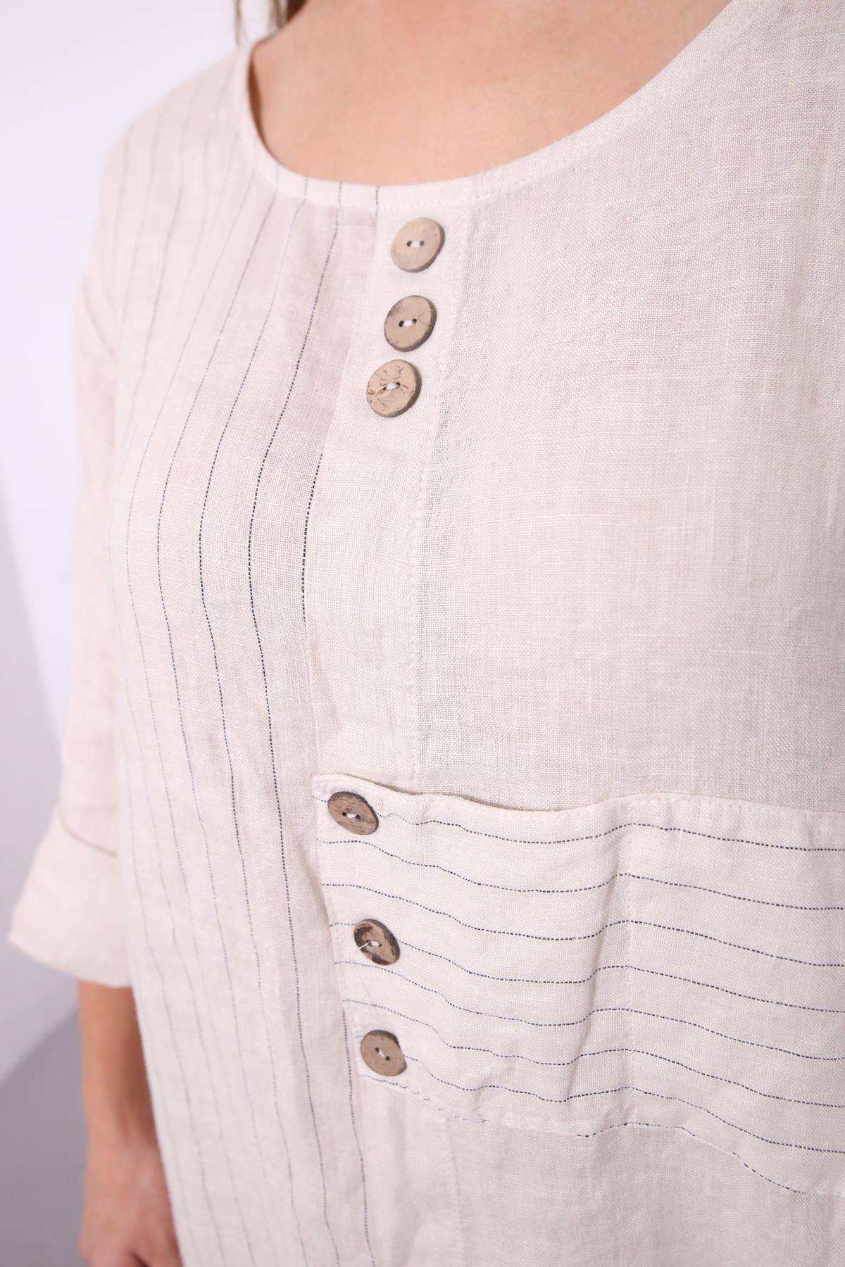  Krem Rengi Düğme Detaylı Çizgili Keten Takım