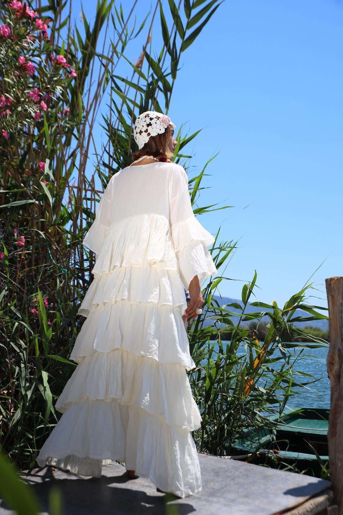  Ekru Volanlı Brit Detaylı Bohem Kimono