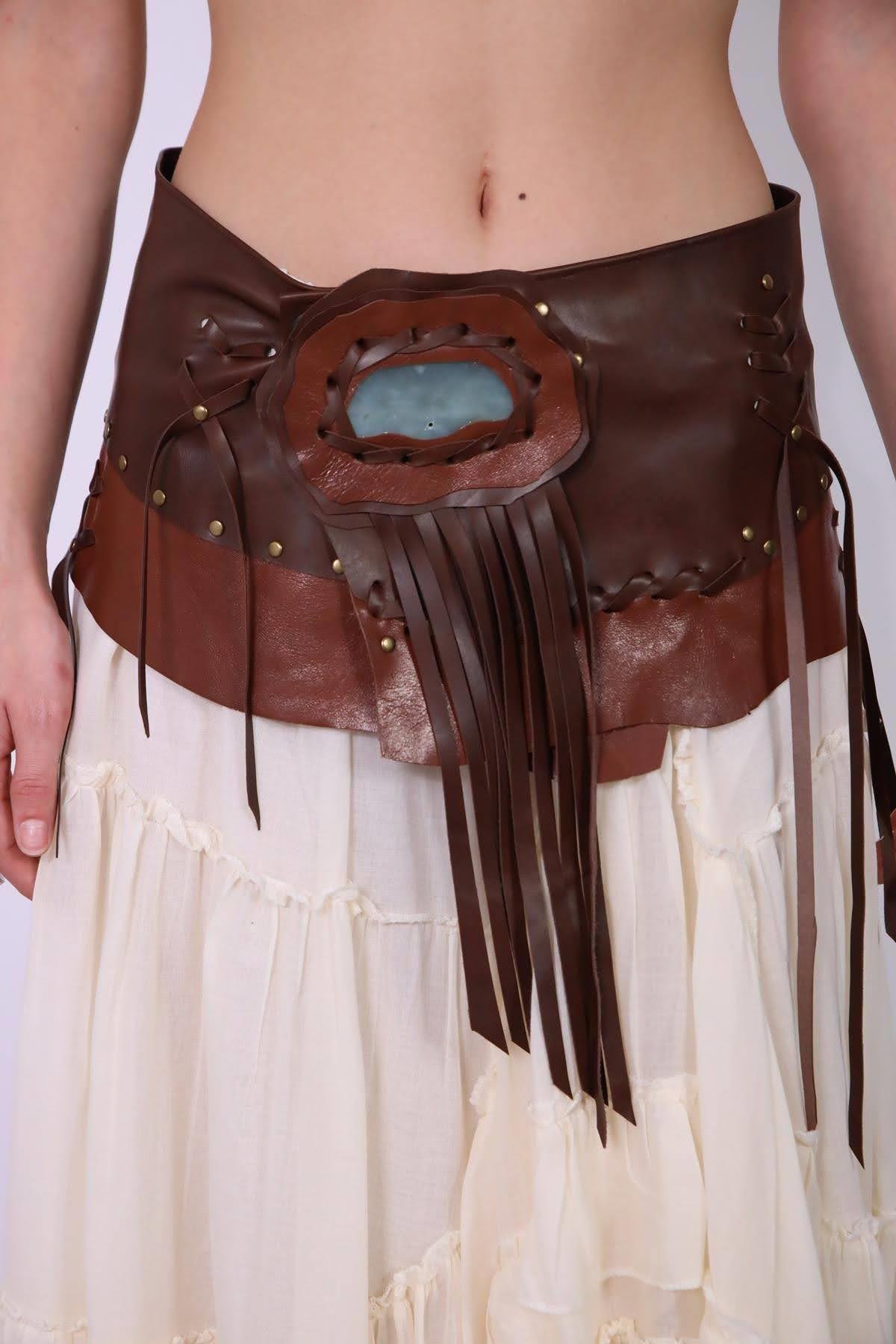  Kahverengi Doğal Taşlı Deri Kemer