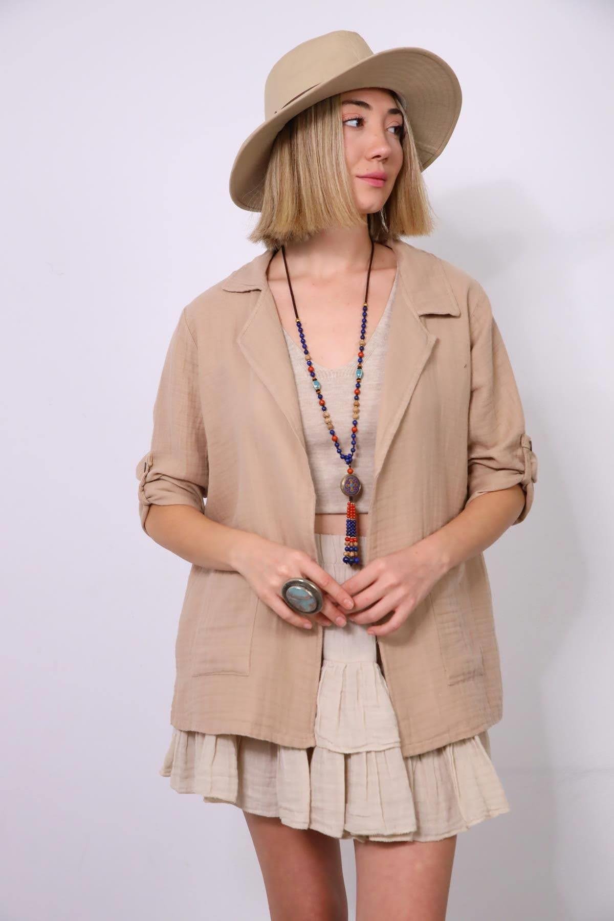 Camel Rengi Önü Cepli Müslin Blazer Ceket - Şaman Butik Camel Rengi Önü Cepli Müslin Blazer Ceket