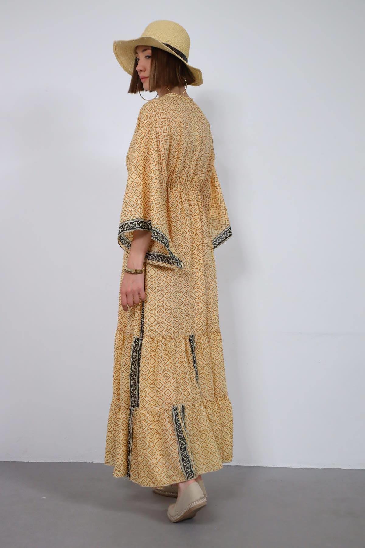 Hardal Rengi Kruvaze Yaka Yarasa Kol Elbise - Şaman Butik Hardal Rengi Kruvaze Yaka Yarasa Kol Elbise