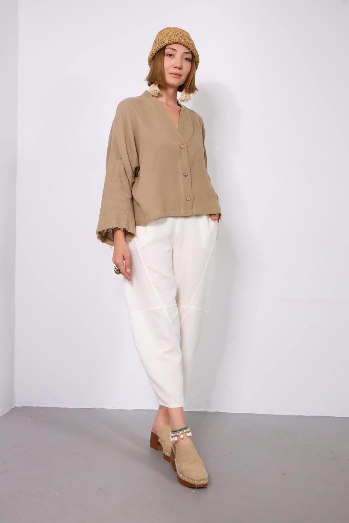  Açık Kahverengi Yarasa Kol Püsküllü Sırt Detaylı Gömlek