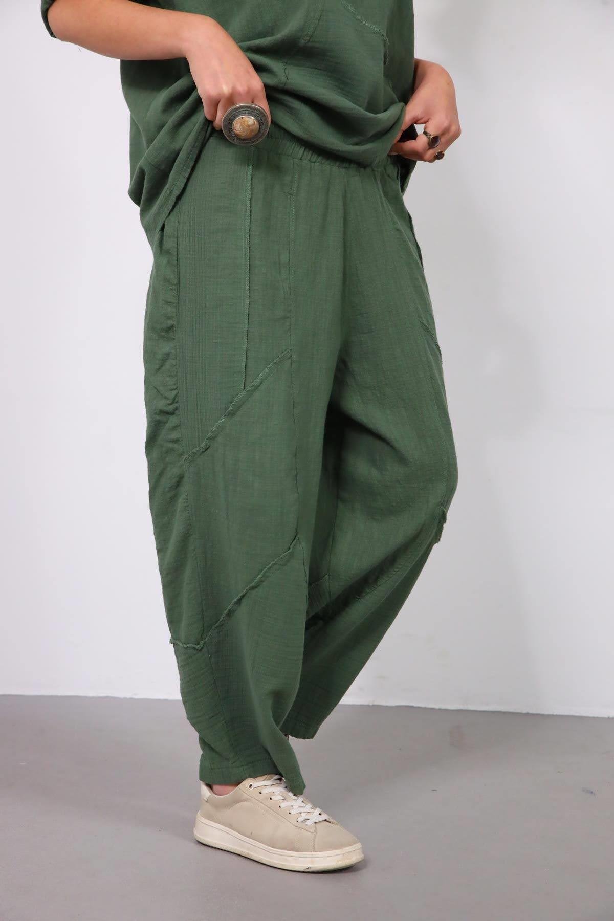  Haki Müslin Parçalı Dikişli Pantolon ve Bluz Takım