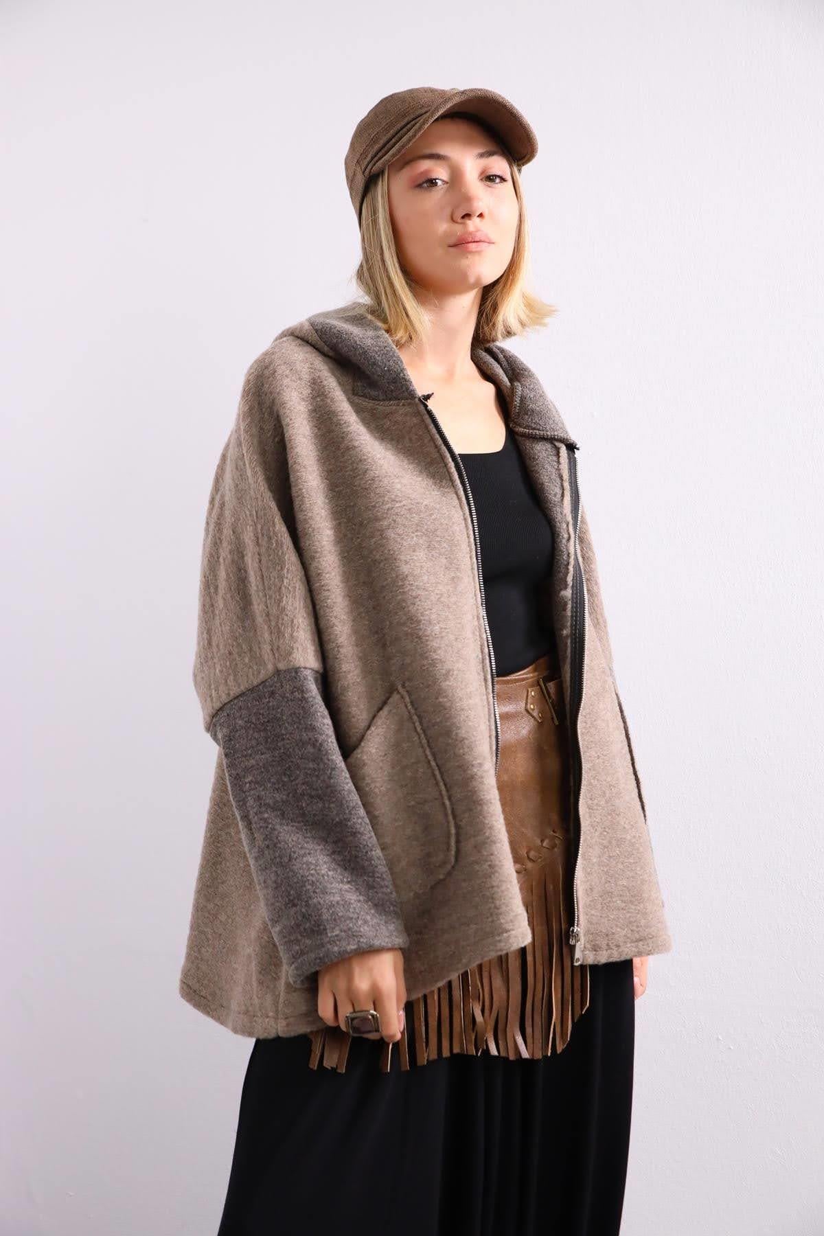 Mink Front Zipper Felt Coat with Pockets Mink Front Zipper Felt Coat with Pockets
