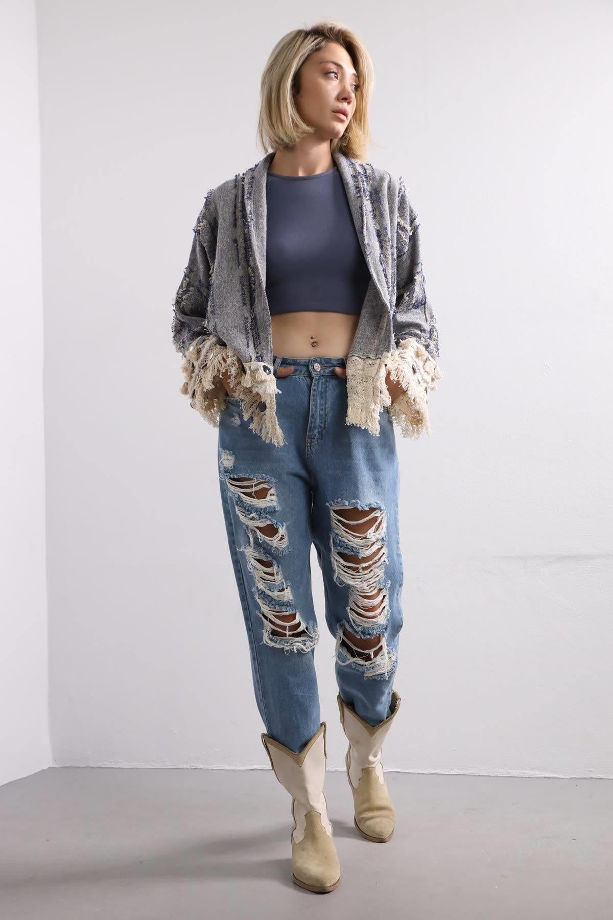 Mavi Saçaklı Kısa Etnik Ceket - Şaman Butik Mavi Saçaklı Kısa Etnik Ceket