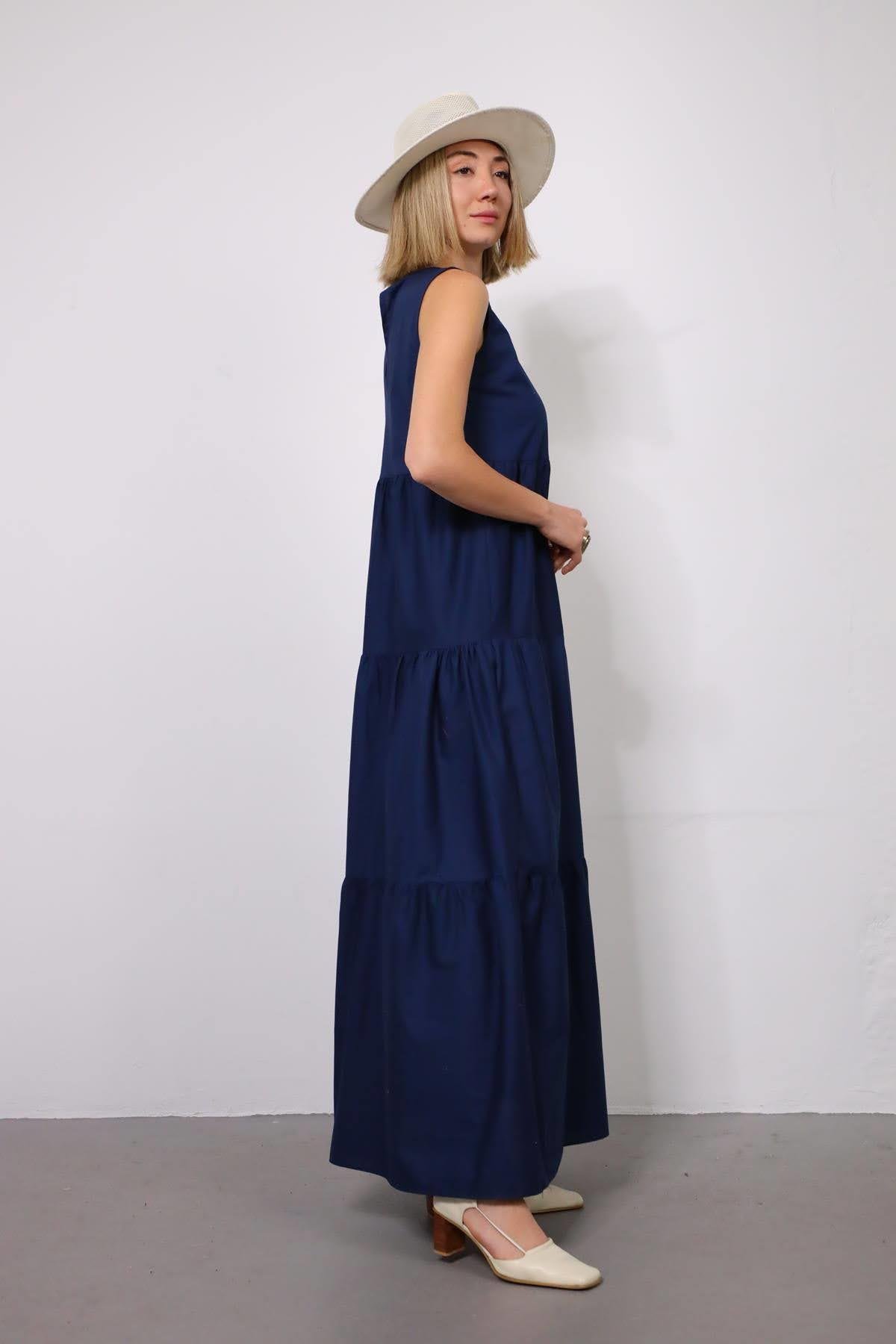 Lacivert Bisiklet Yaka Katlı Elbise - Şaman Butik - Bohem Giyim ve Aksesuar | Kadın & Erkek Lacivert Bisiklet Yaka Katlı Elbise