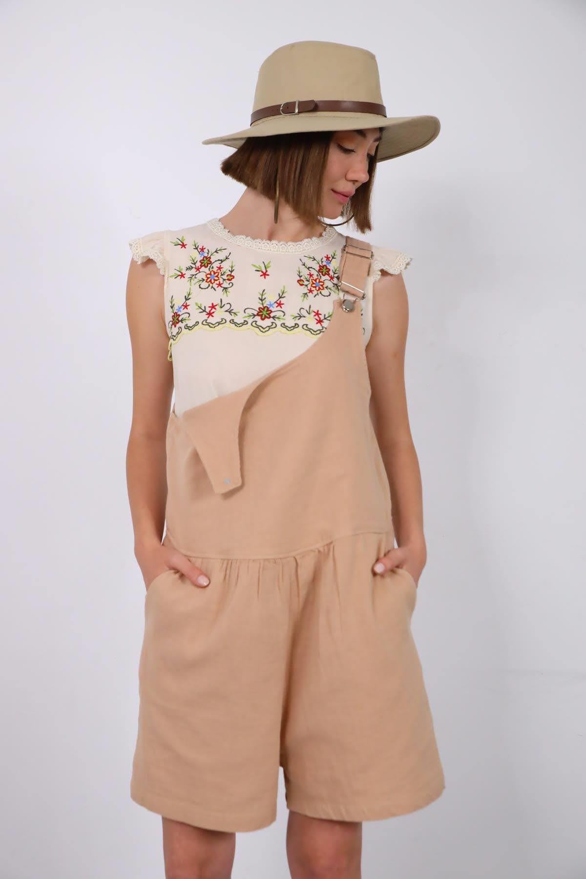 Camel Short Linen Overall - Saman Butik | Shop Online Camel Short Linen Overall