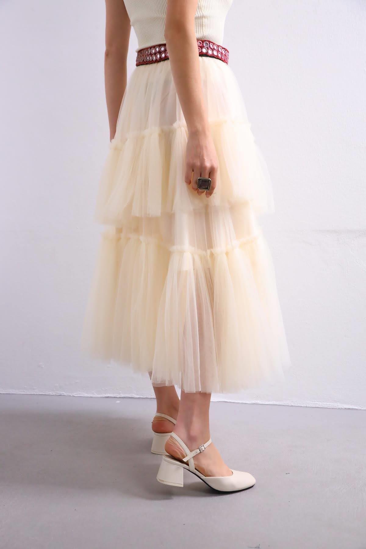  Krem Rengi Kat Kat Tül Etek