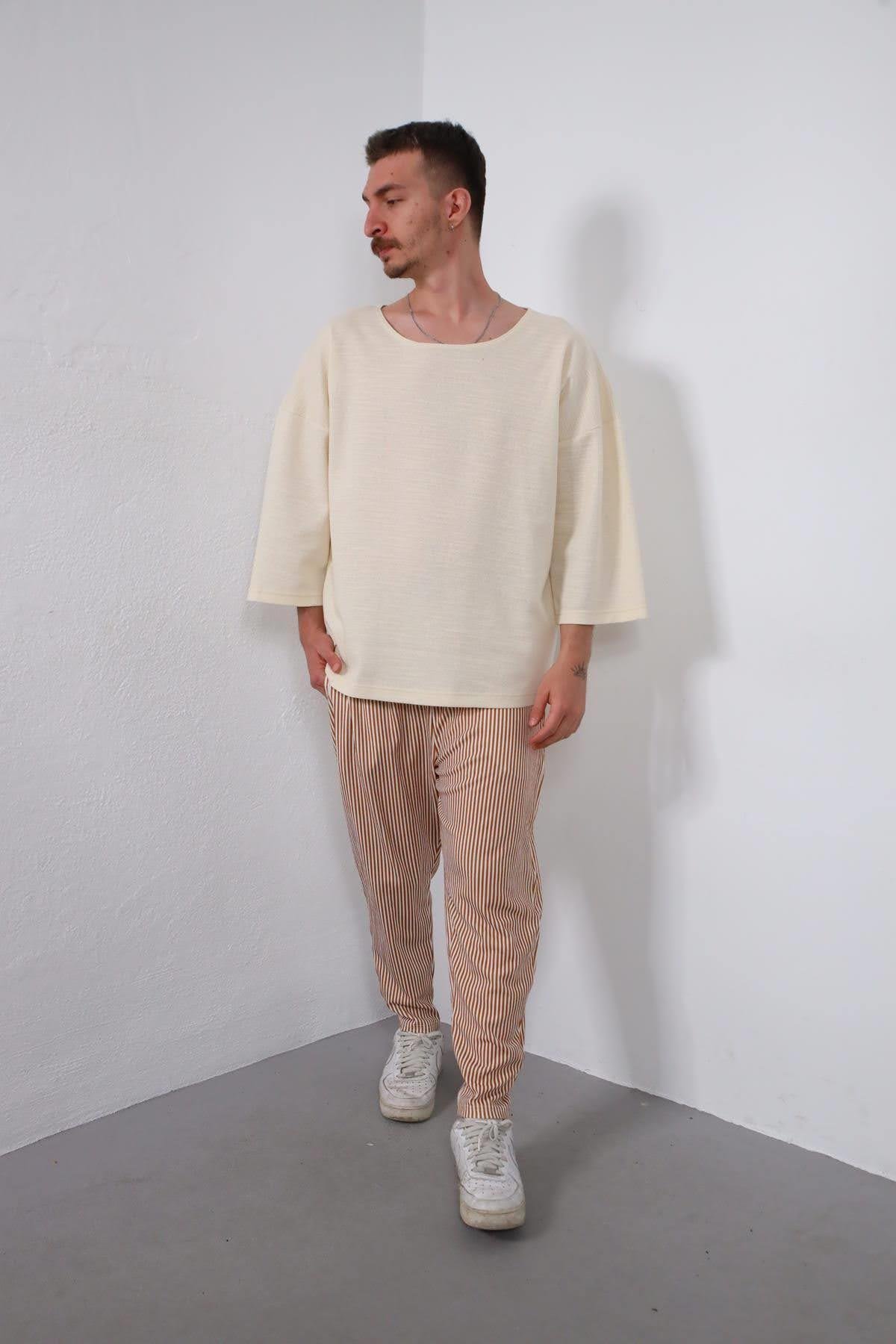  Tarçın Rengi Çizgili Dar Paça Erkek Pantolon