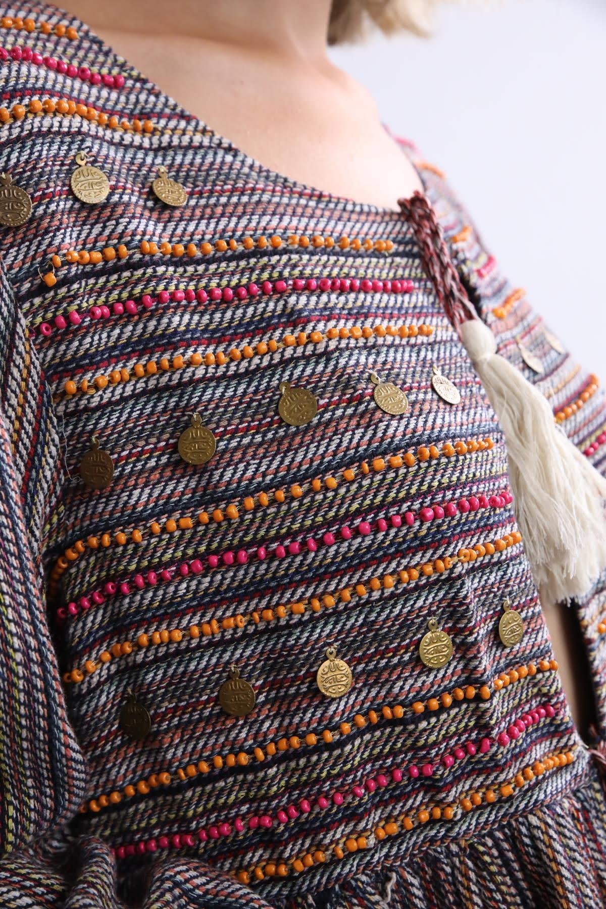  Pembe Çizgili Ponponlu Para Detaylı Ceket