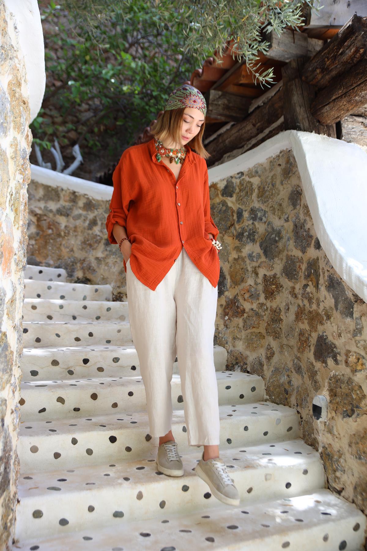 Krem Rengi Beli İpli Judith Pantolon - Şaman Butik Krem Rengi Beli İpli Judith Pantolon