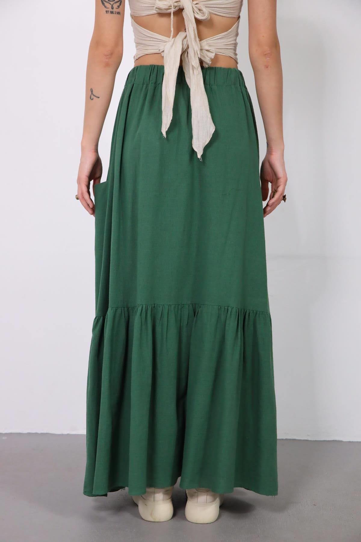  Yeşil Keten Cepli Pileli Etek
